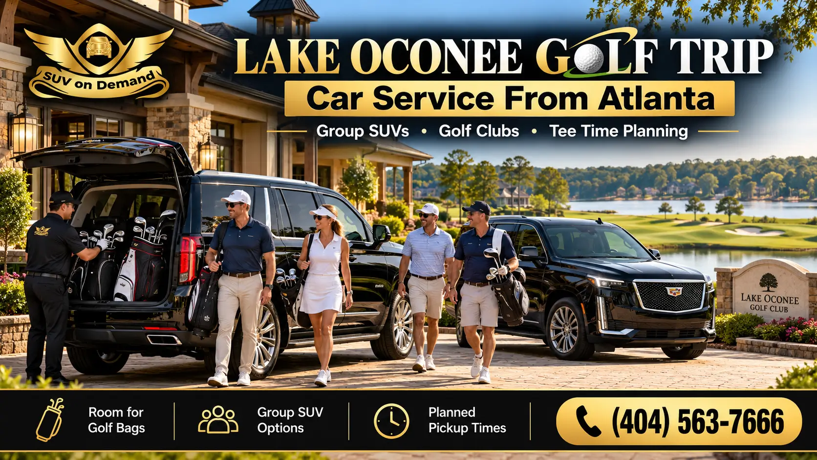 SUV on Demand Lake Oconee golf trip car service from Atlanta featuring luxury black SUVs, golf bags, golfers, and scenic golf course views. Group transportation with planned pickup times. Call (404) 563-7666.
