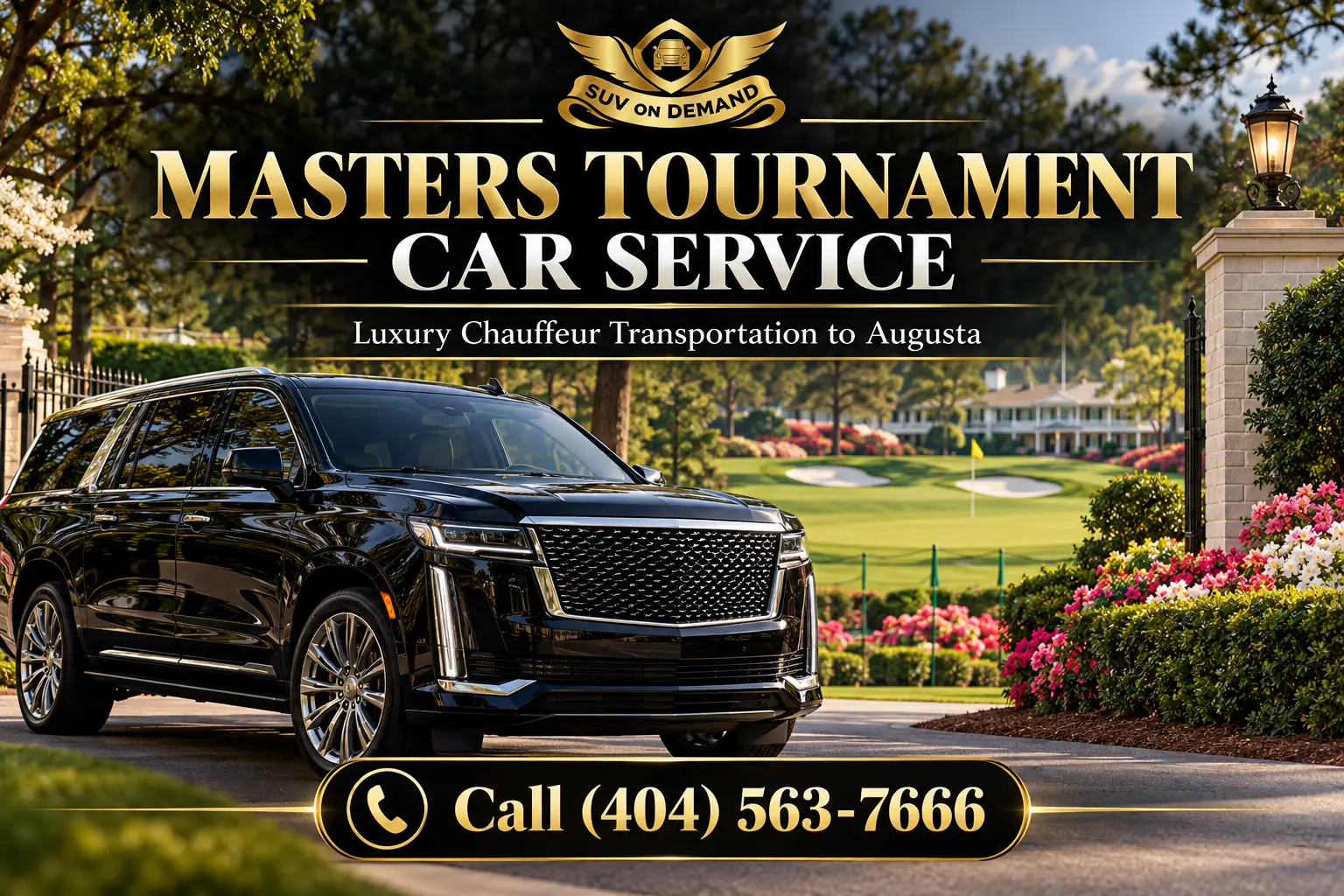 SUV On Demand Masters Tournament Car Service promotional banner featuring a black luxury SUV outside a prestigious golf course with manicured greens, flowering gardens, and elegant gold-and-black branding. Luxury chauffeur transportation to Augusta. Call (404) 563-7666.