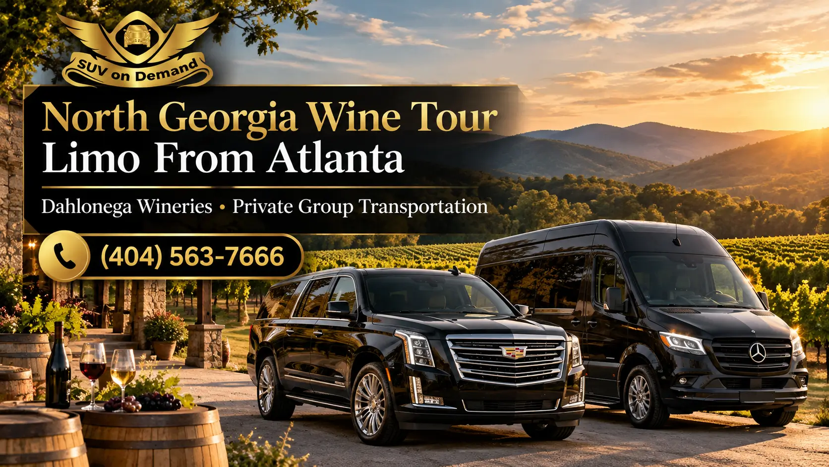 Luxury SUV and chauffeur van for a North Georgia wine tour limo service from Atlanta, featuring vineyard scenery and phone number (404) 563-7666.