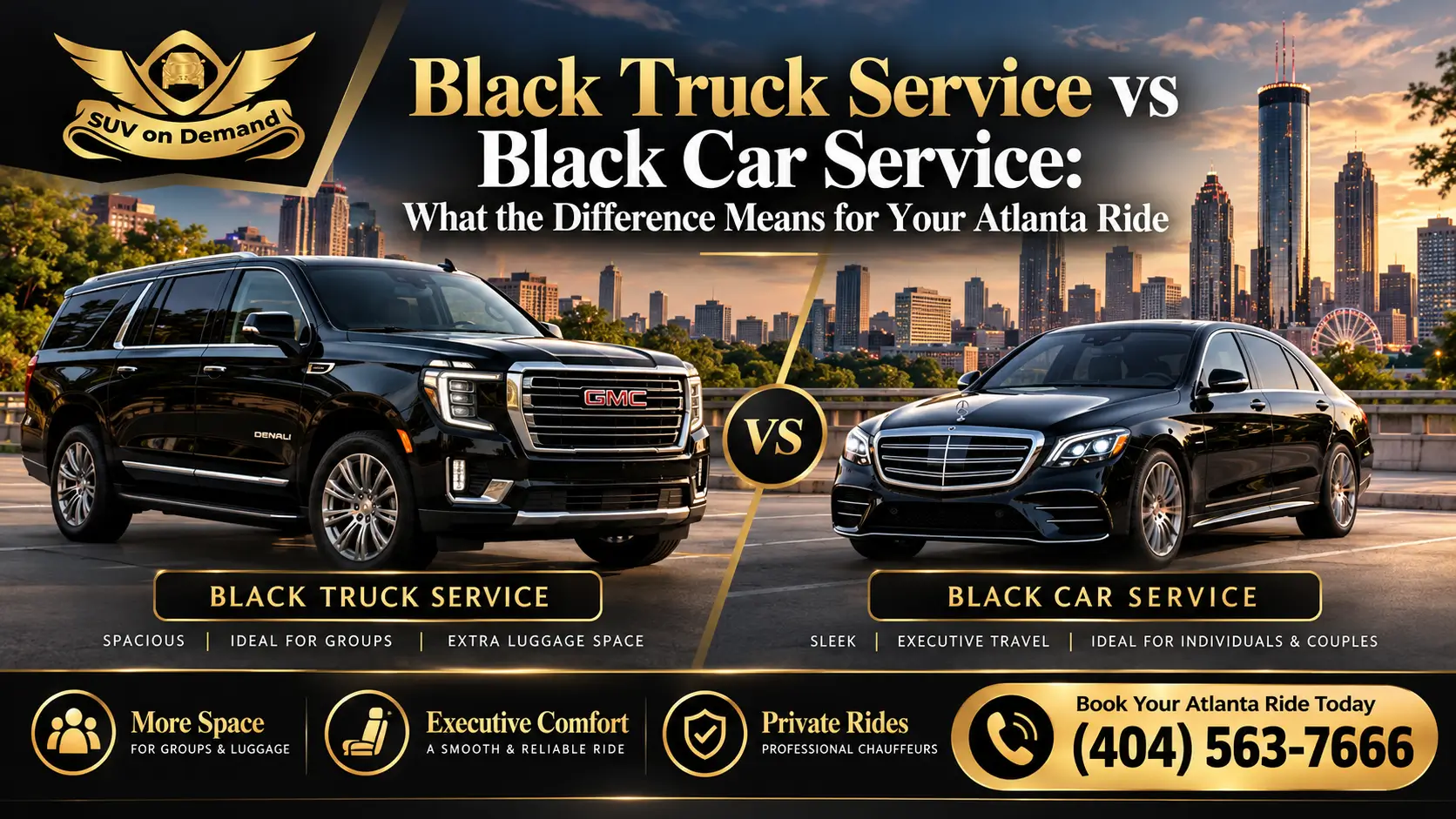 SUV on Demand Atlanta black truck service vs black car service comparison featuring a luxury black SUV and sedan, highlighting space, luggage capacity, and executive comfort. Call (404) 563-7666.