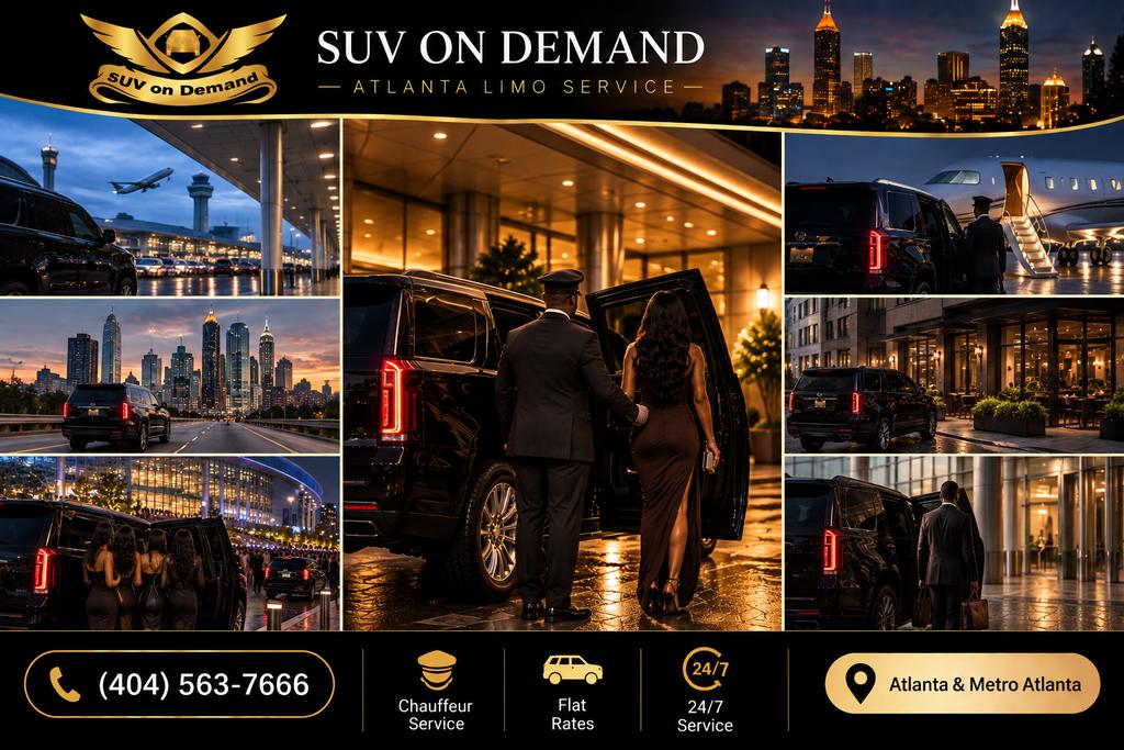 Collage of a black SUV and chauffeur across Atlanta: at the airport, on the highway, outside an arena, at a hotel entrance, beside a private jet, outside a restaurant and at an office tower.