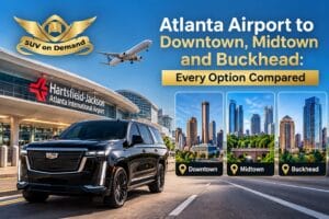 Atlanta airport car service from Hartsfield-Jackson to Downtown, Midtown and Buckhead with a black Cadillac Escalade, SUV on Demand