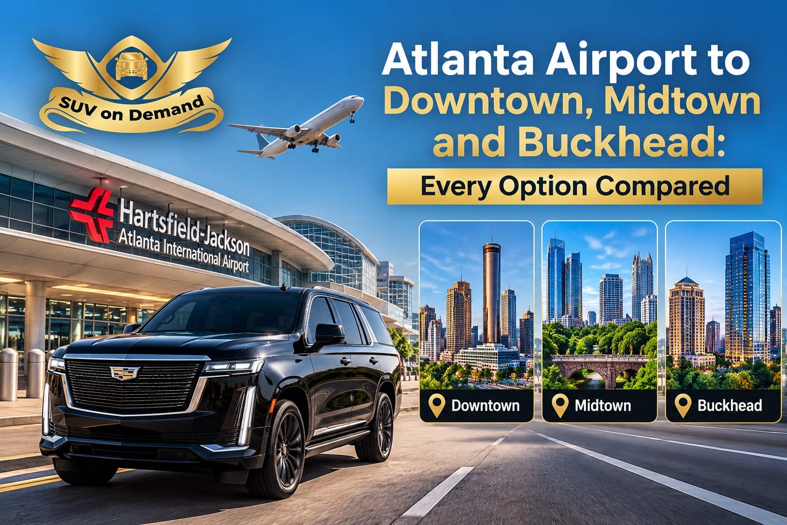 Atlanta airport car service from Hartsfield-Jackson to Downtown, Midtown and Buckhead with a black Cadillac Escalade, SUV on Demand