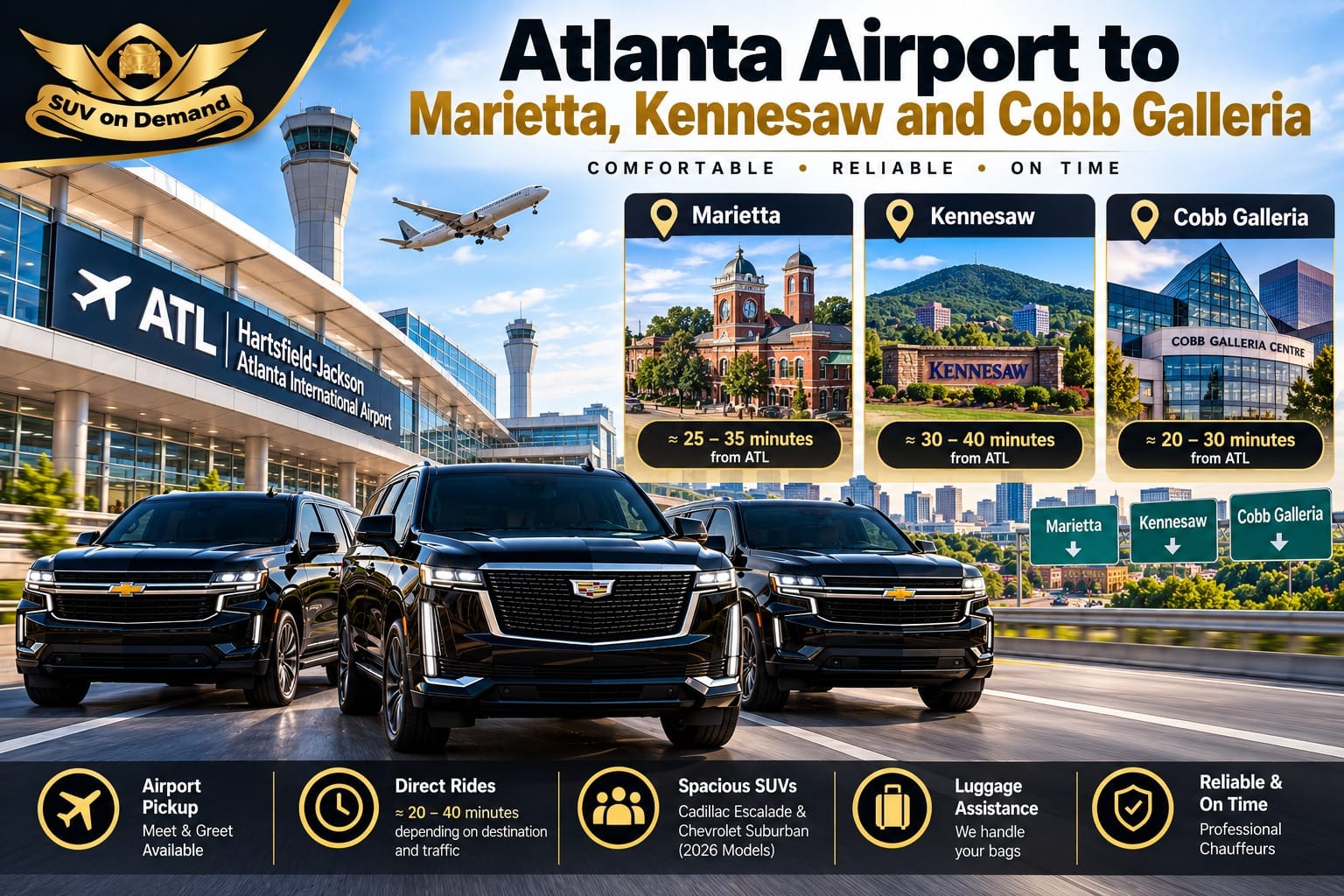 Atlanta airport SUV transfer from Hartsfield-Jackson to Marietta, Kennesaw and Cobb Galleria with black Cadillac Escalade and Chevrolet SUVs from SUV on Demand