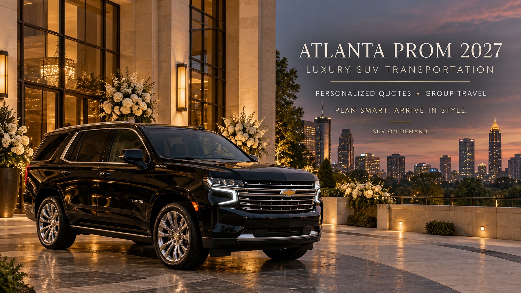 Black Chevrolet Tahoe outside an elegant Atlanta prom venue, representing Atlanta prom group transportation 2027 with luxury SUV service.