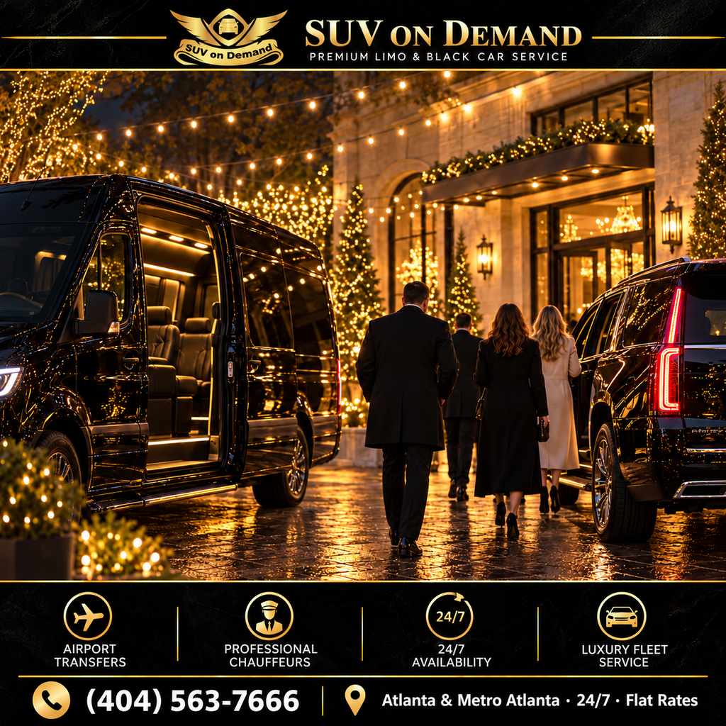 Sprinter van and black SUV waiting outside a lit holiday party venue as guests arrive in Atlanta.