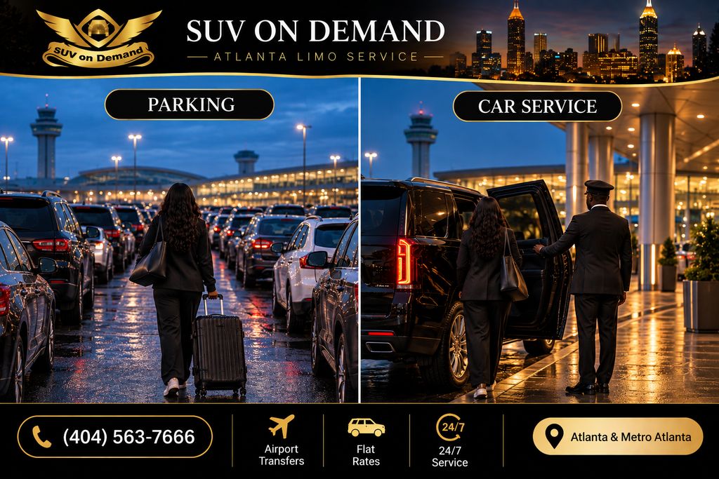 Split image at Hartsfield-Jackson before dawn: a traveler pulling a suitcase through a crowded parking lot on one side, and a chauffeur holding the door of a black SUV at the terminal curb on the other