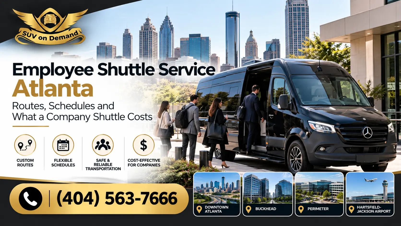 Employee shuttle service in Atlanta featuring a black Mercedes-Benz Sprinter van and professionals boarding near the city skyline. SUV on Demand provides corporate transportation solutions with custom routes, flexible schedules, and service for Downtown Atlanta, Buckhead, Perimeter, and Hartsfield-Jackson Airport. Call (404) 563-7666.