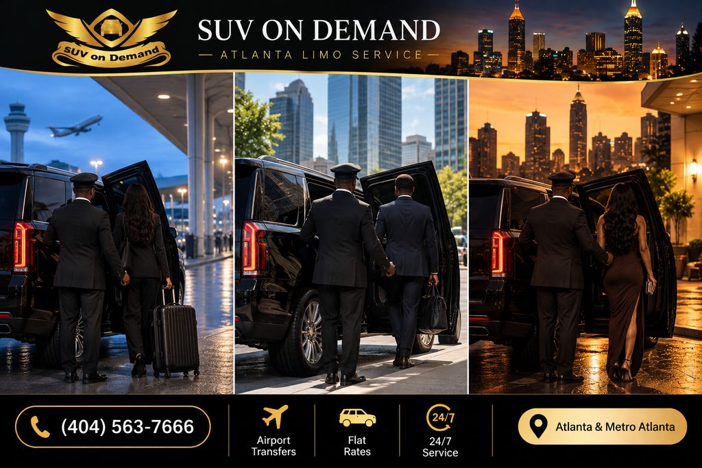 Three panels showing a chauffeur and black SUV through one day in Atlanta: a morning airport pickup, a midday downtown business ride and an evening hotel drop-off