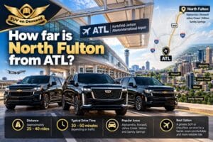 How far is North Fulton from ATL: distance and drive time from Hartsfield-Jackson Airport to Alpharetta, Roswell, Johns Creek, Milton and Sandy Springs with SUV on Demand