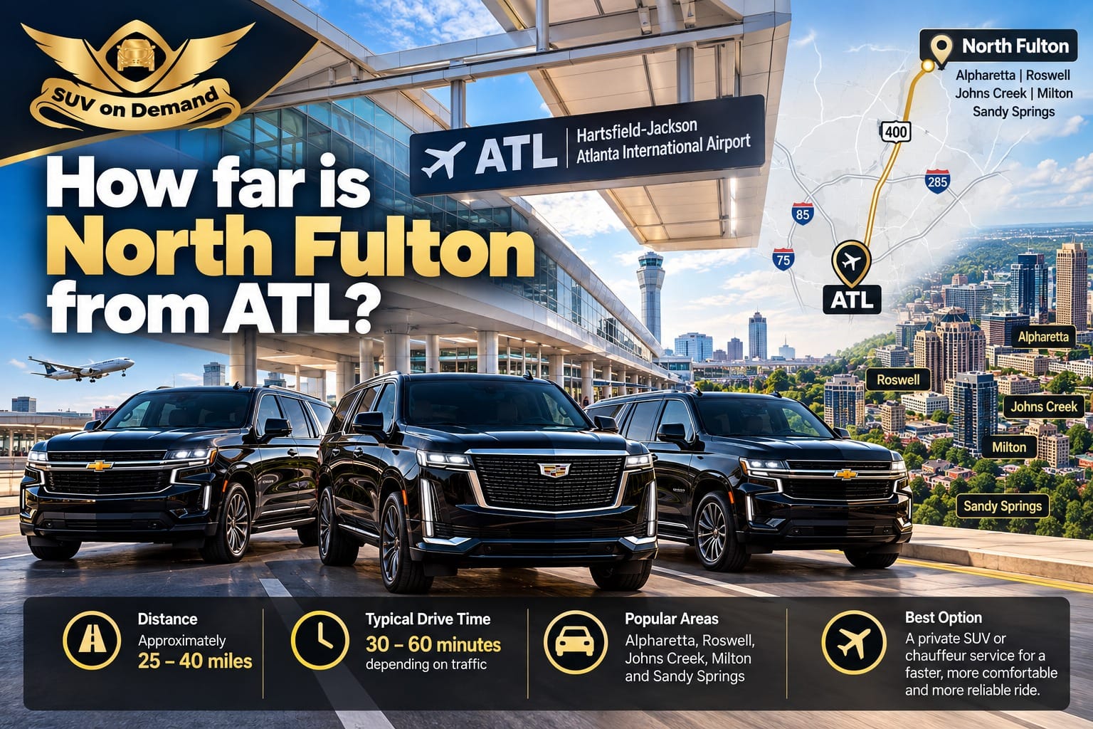 How far is North Fulton from ATL: distance and drive time from Hartsfield-Jackson Airport to Alpharetta, Roswell, Johns Creek, Milton and Sandy Springs with SUV on Demand