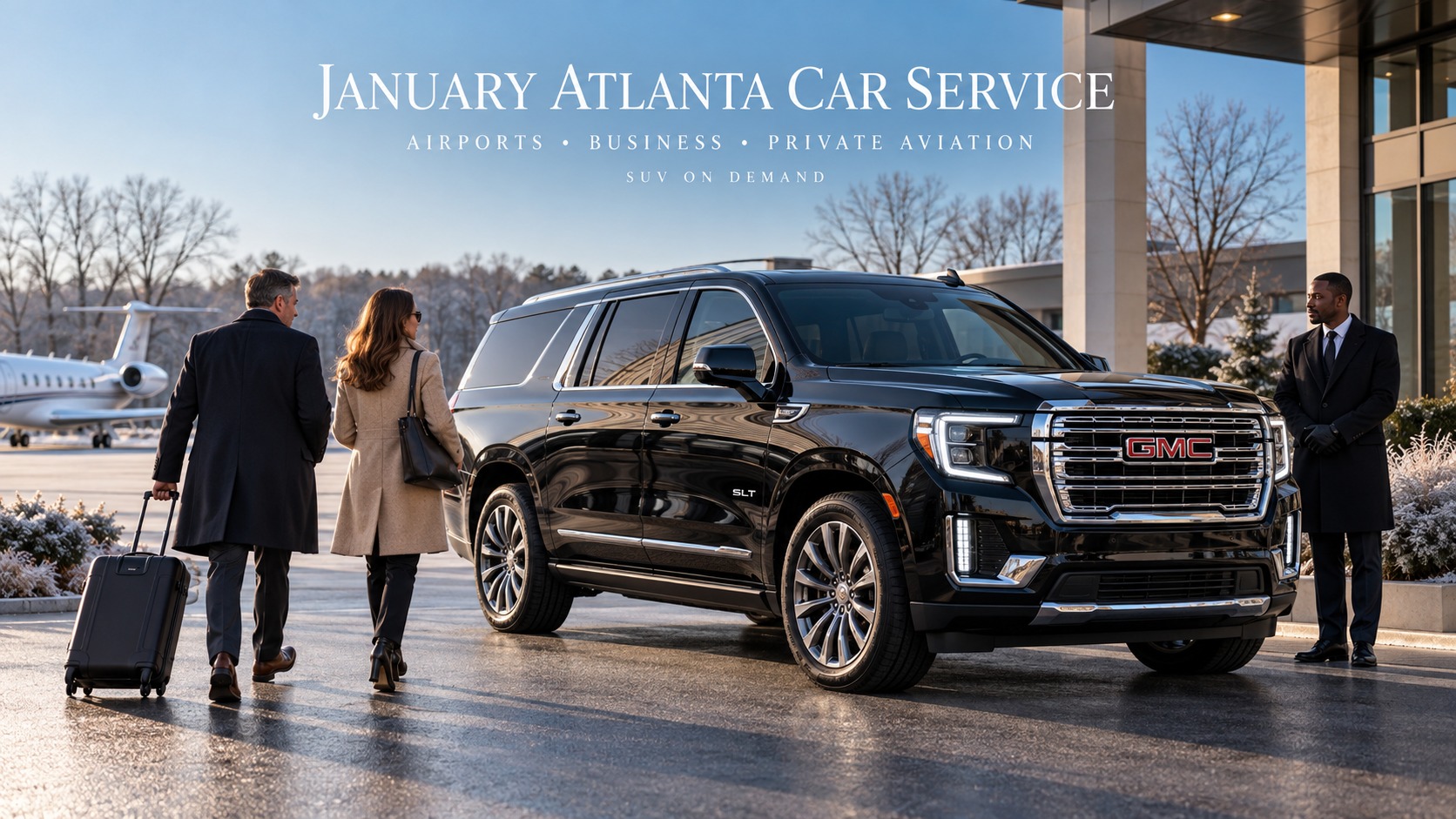 Black GMC SLT SUV with SUV On Demand chauffeur and business travelers near DeKalb-Peachtree Airport on a crisp January morning in Atlanta.