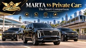 MARTA vs private car comparison in Atlanta with black Cadillac Escalade SUVs from SUV on Demand, a MARTA train and Hartsfield-Jackson Airport