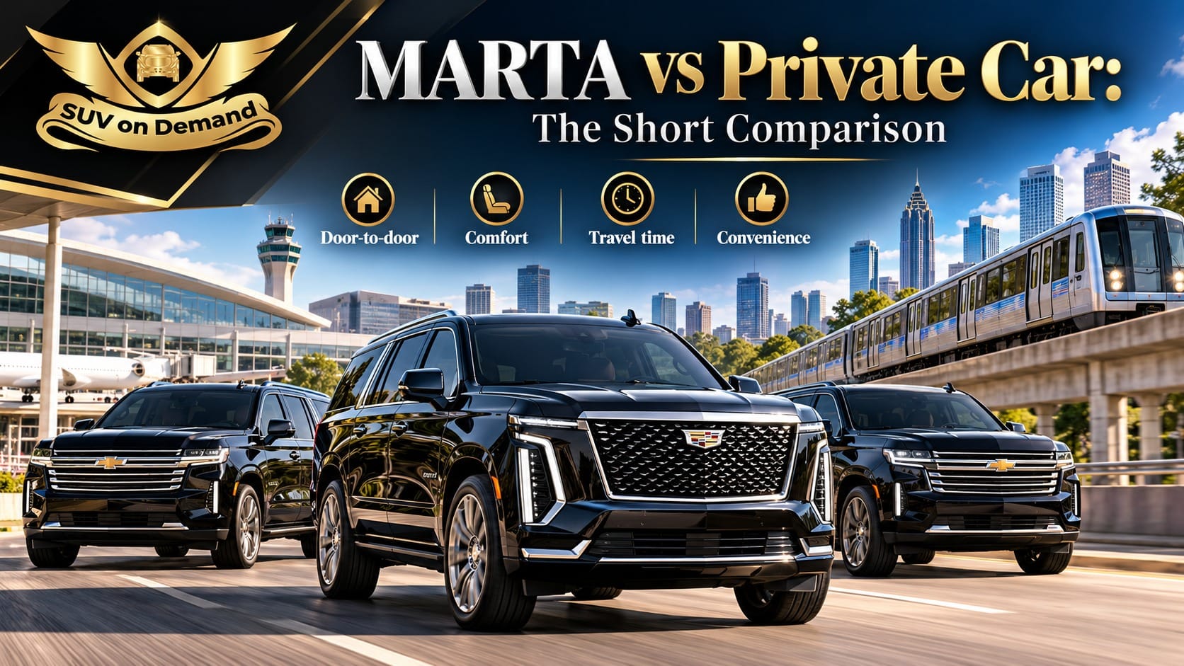 MARTA vs private car comparison in Atlanta with black Cadillac Escalade SUVs from SUV on Demand, a MARTA train and Hartsfield-Jackson Airport