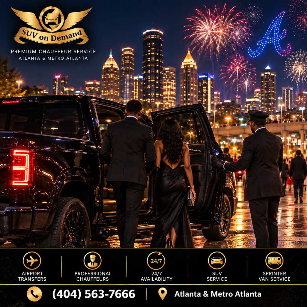 Chauffeur holding the door for a couple in evening wear on New Year’s Eve, with fireworks over the Atlanta skyline.
