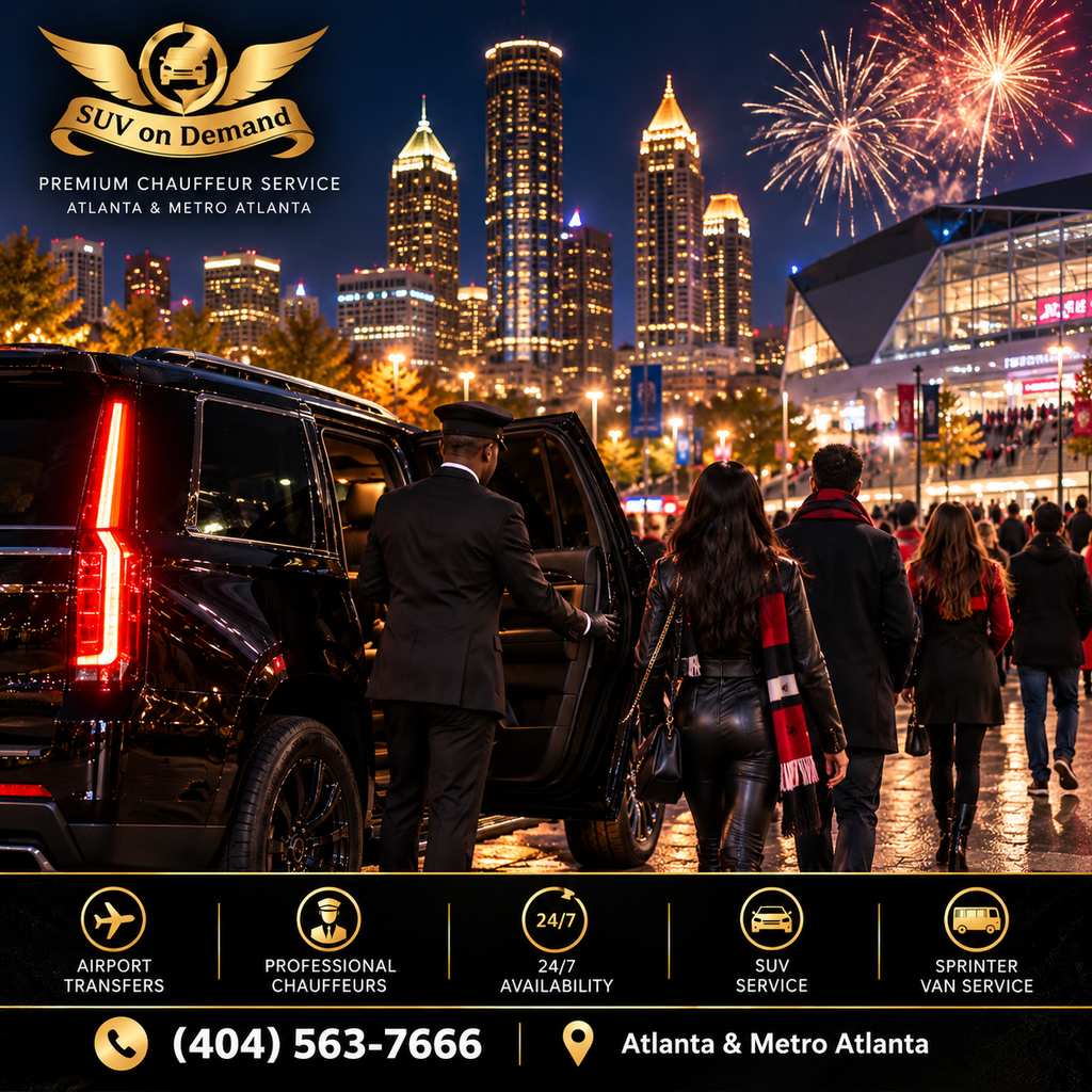 Chauffeur holding an SUV door for fans in downtown Atlanta, with fireworks over the skyline during bowl week.