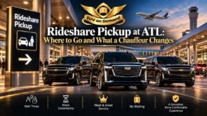 Rideshare pickup at ATL airport with black Cadillac Escalade chauffeur SUVs from SUV on Demand waiting at the Hartsfield-Jackson terminal