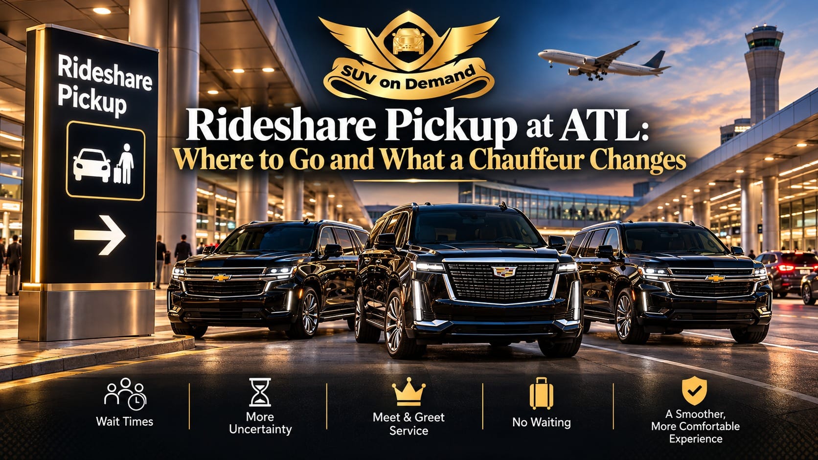 Rideshare pickup at ATL airport with black Cadillac Escalade chauffeur SUVs from SUV on Demand waiting at the Hartsfield-Jackson terminal