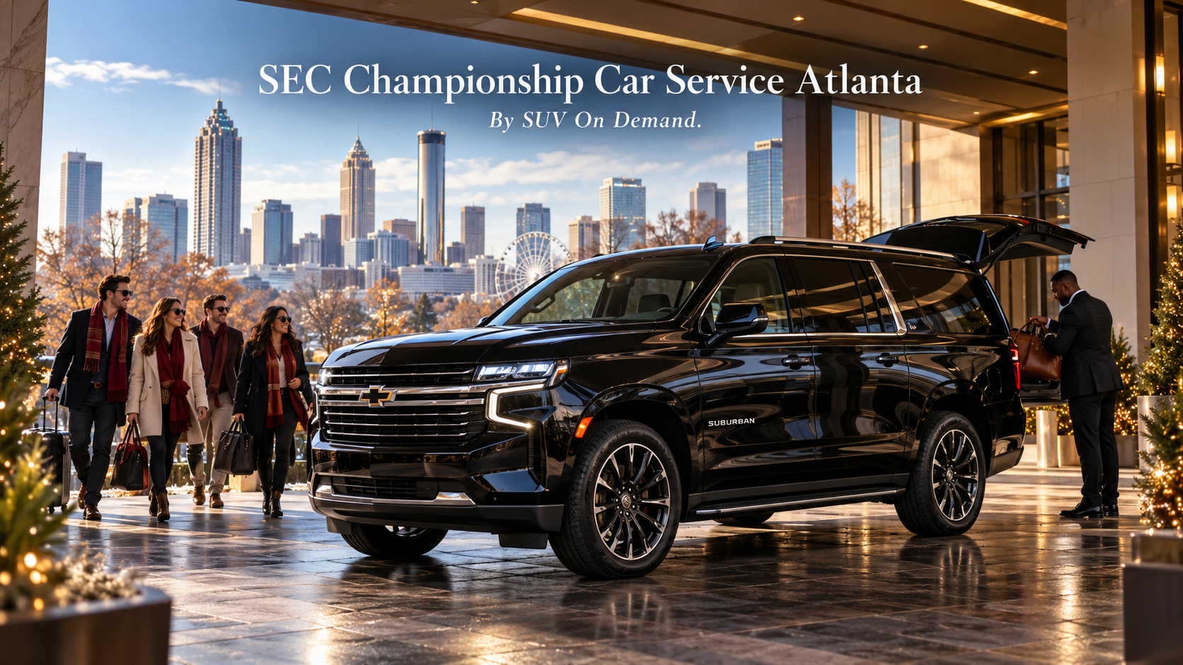 SEC Championship car service Atlanta with a black Chevrolet Suburban and chauffeur loading bags at a downtown Atlanta hotel entrance on a bright December morning
