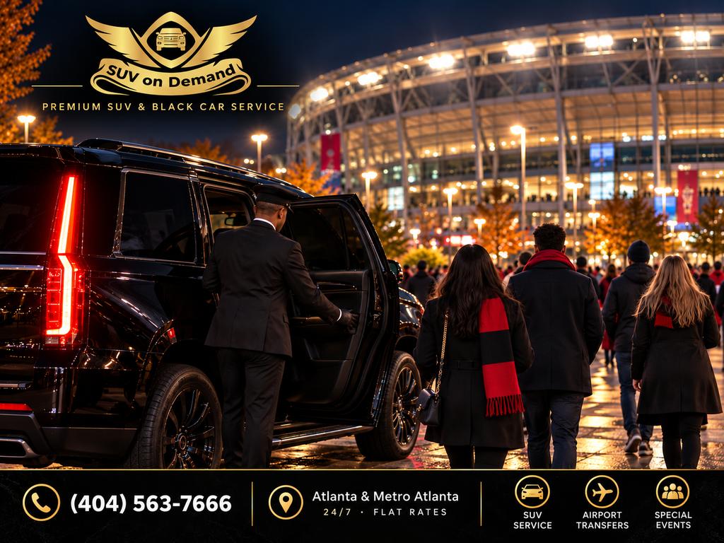 Chauffeur opening the door of a black SUV for football fans outside a downtown Atlanta stadium on game night.