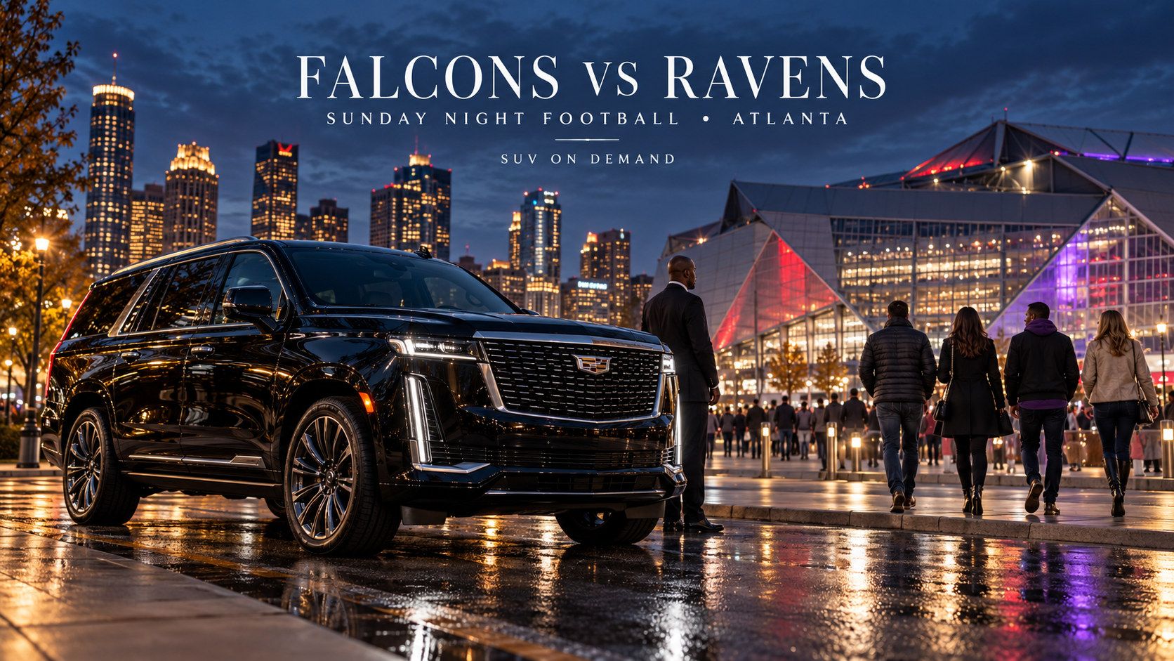 Late-model black Cadillac Escalade near Mercedes-Benz Stadium in Downtown Atlanta for Falcons vs Ravens Sunday Night Football, representing SUV On Demand game-day transportation.