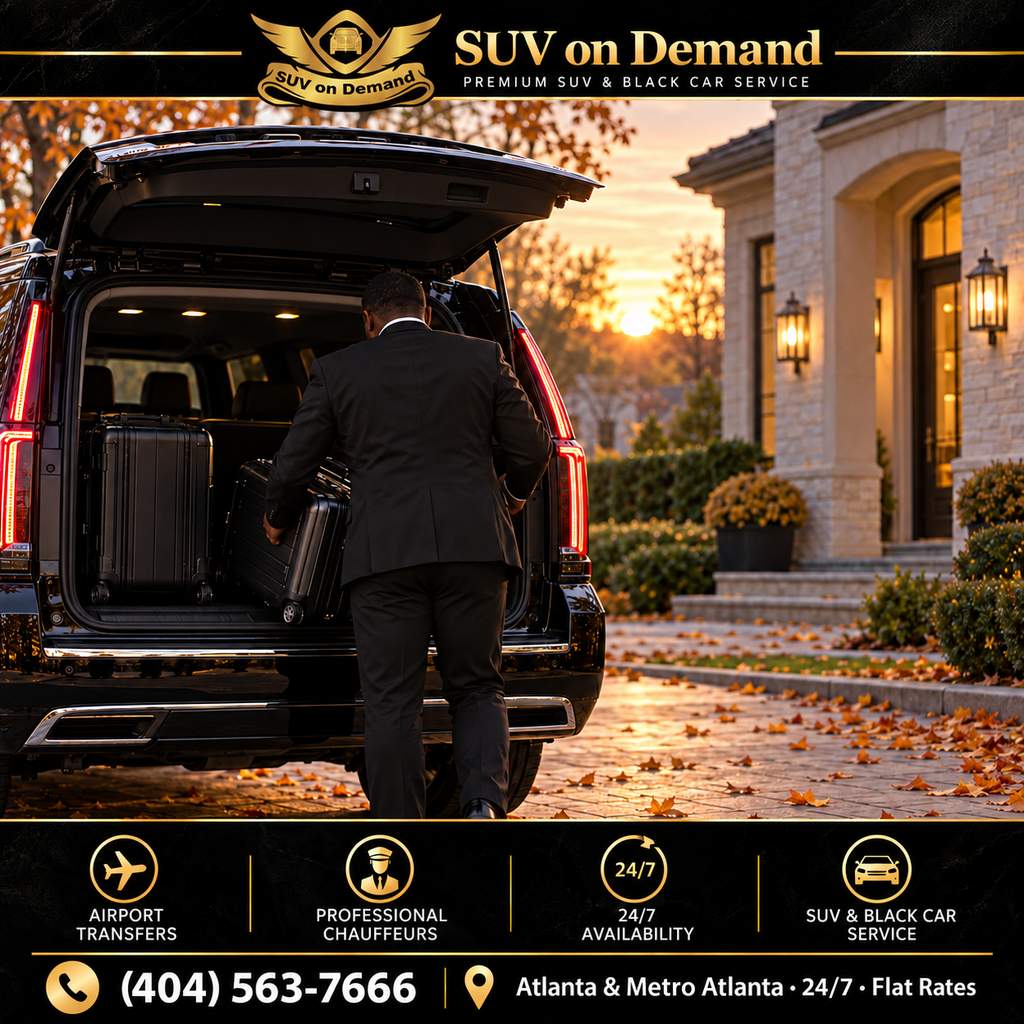 Chauffeur loading suitcases into a black SUV in a home driveway at sunrise for a Thanksgiving car service ride to the Atlanta airport.