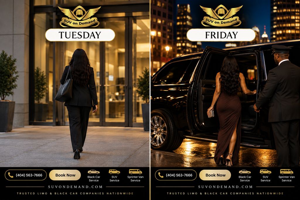 Split image of a businesswoman walking into an Atlanta office building on Tuesday and a woman in an evening gown stepping into a black SUV held by a chauffeur on Friday night