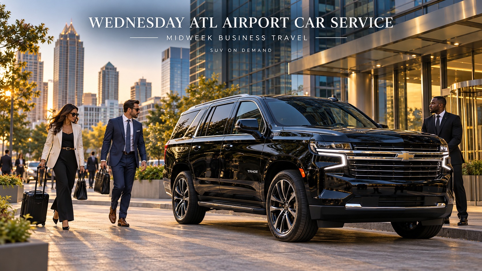 Black Chevrolet Tahoe with SUV On Demand chauffeur and business travelers leaving a Midtown Atlanta office for a Wednesday ATL Airport flight.